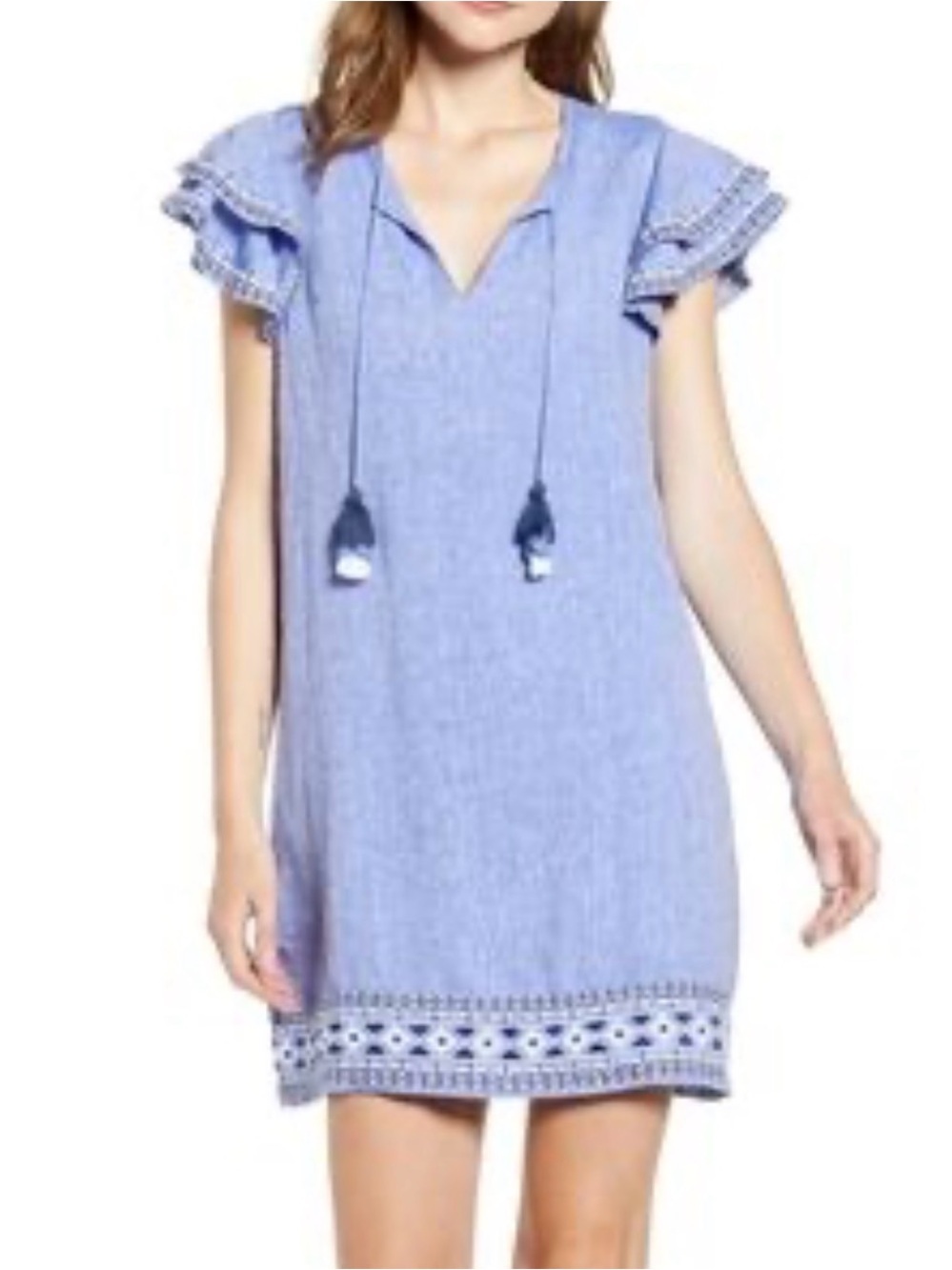 Vineyard Vines Women’s Blue Linen Embroidered Flutter Sleeve Dress Sz L